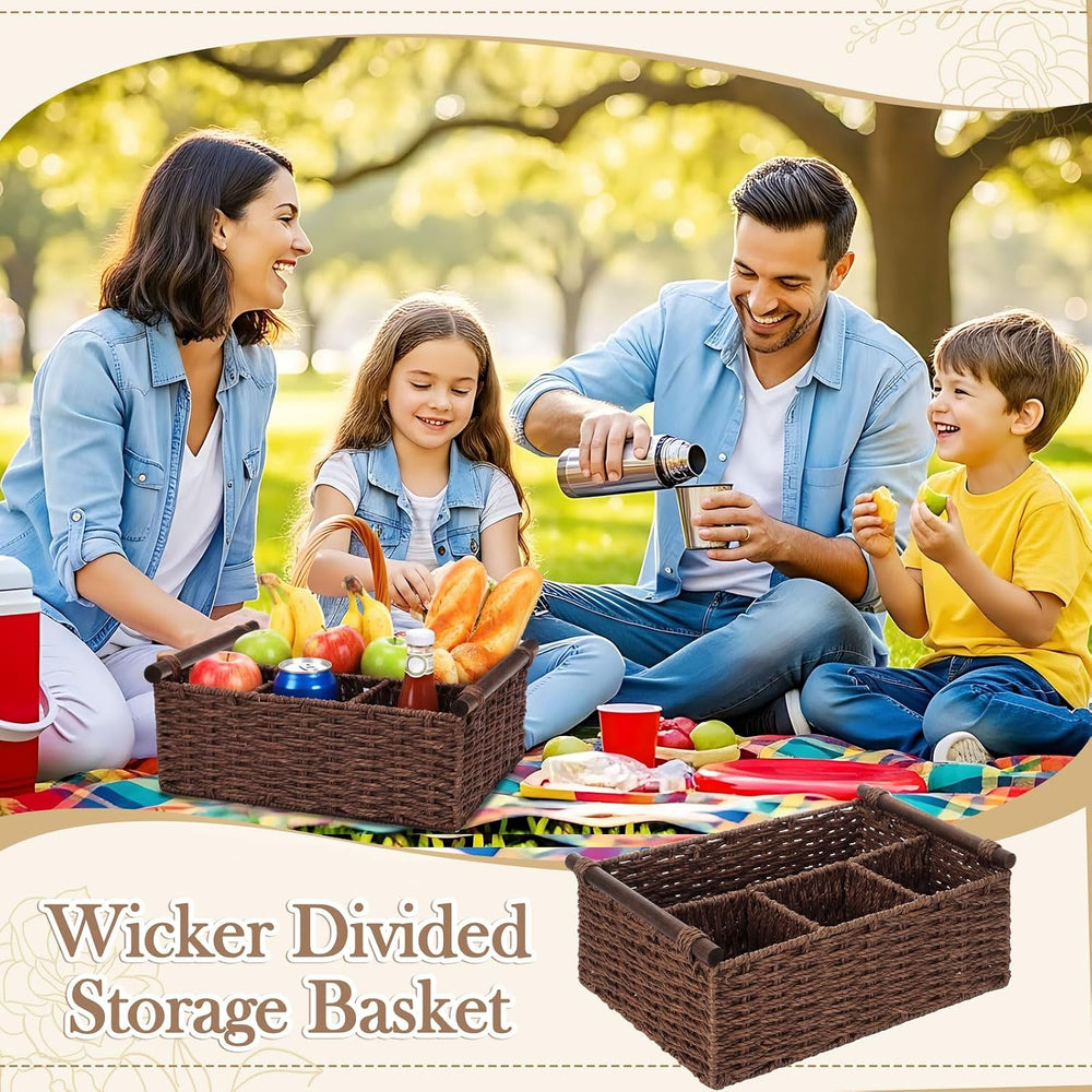 Remerry Brown Bathroom Countertop Organizer Caddy, Wicker-like Divided Basket...