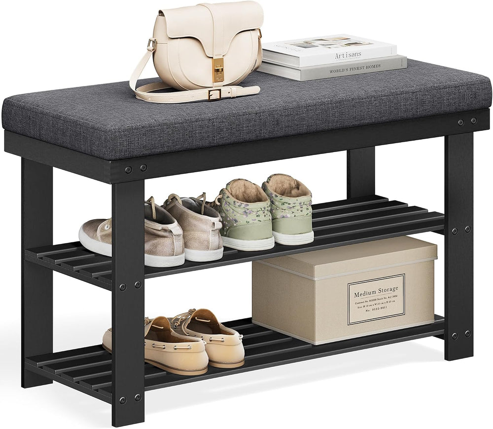 SONGMICS Bamboo Shoe Bench, 3-Tier Shoe Rack, 11.9 x 28.3 x 19.2 Inches