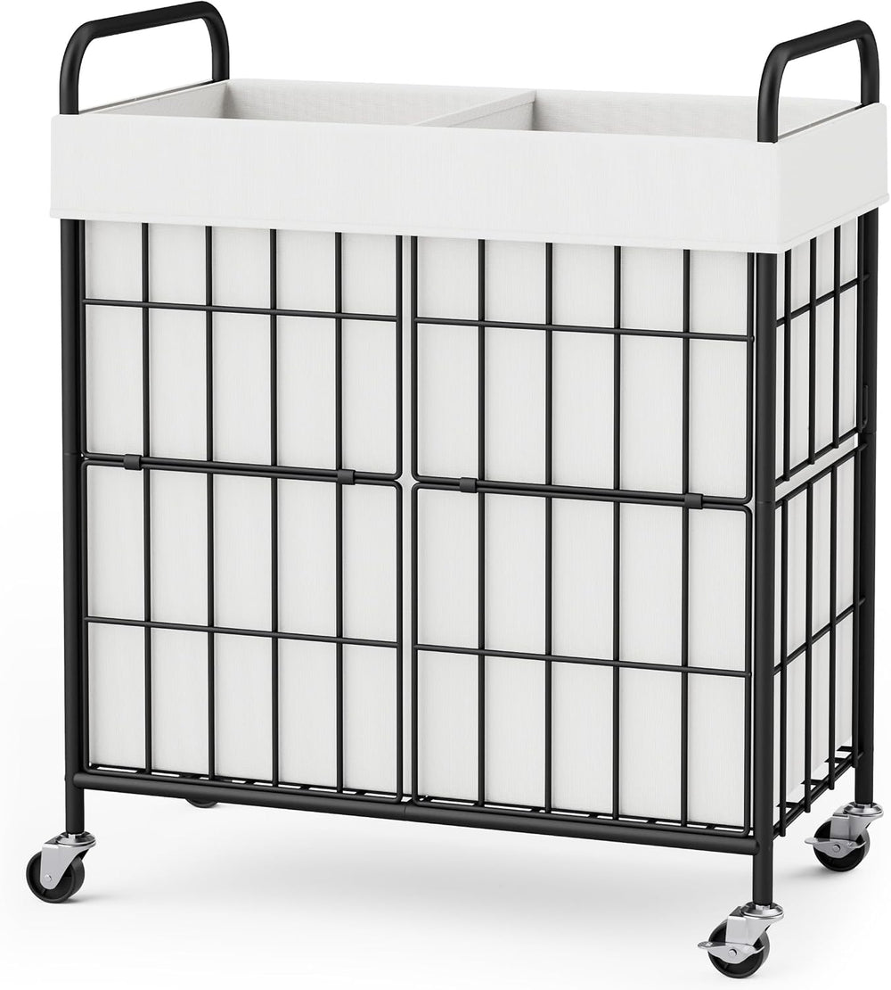 100L 2-Section Laundry Hamper with Wheels, Laundry Basket with Liner Bag