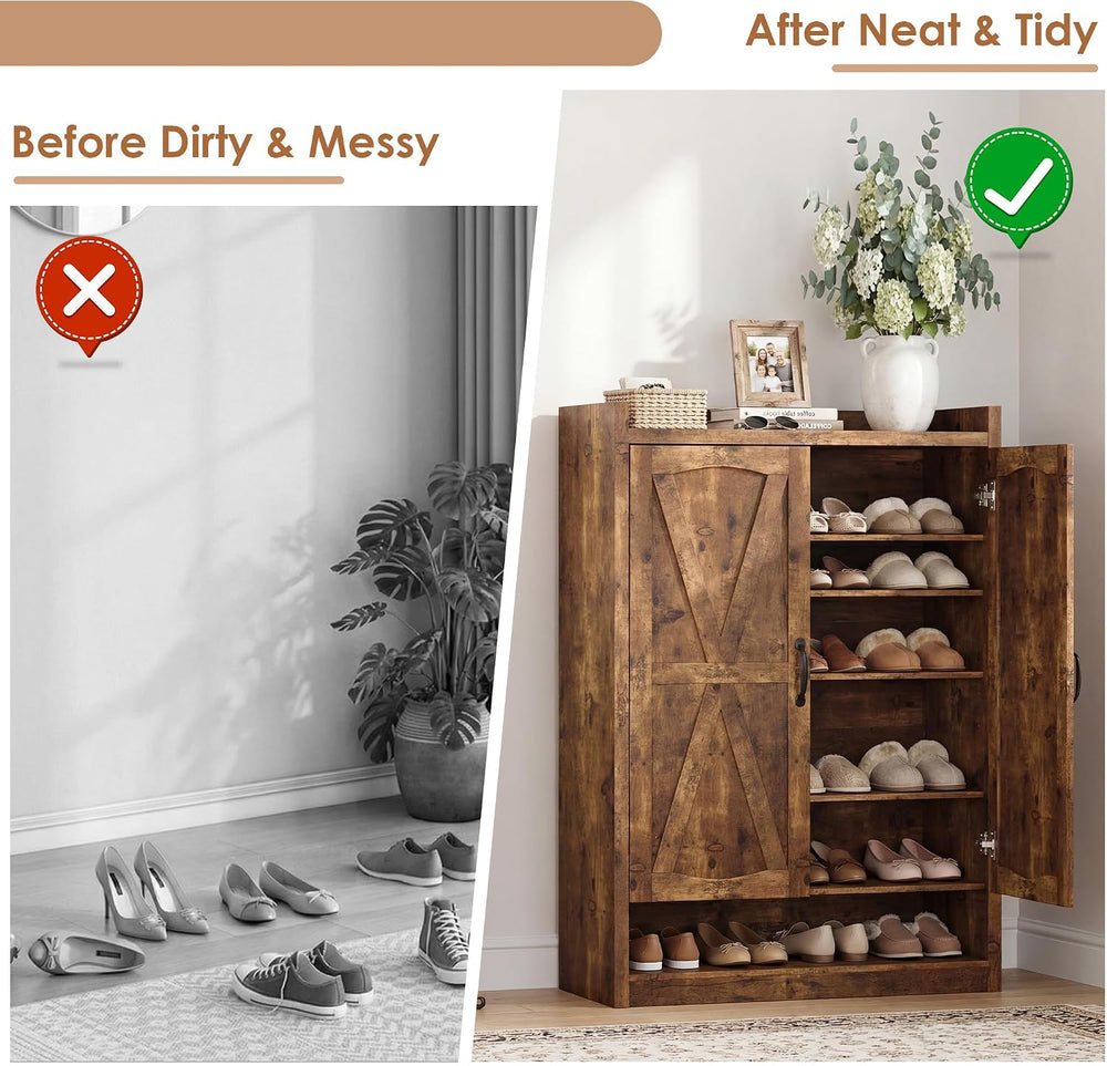 Farmhouse Shoe Storage Cabinet with Doors for Entryway, Rustic