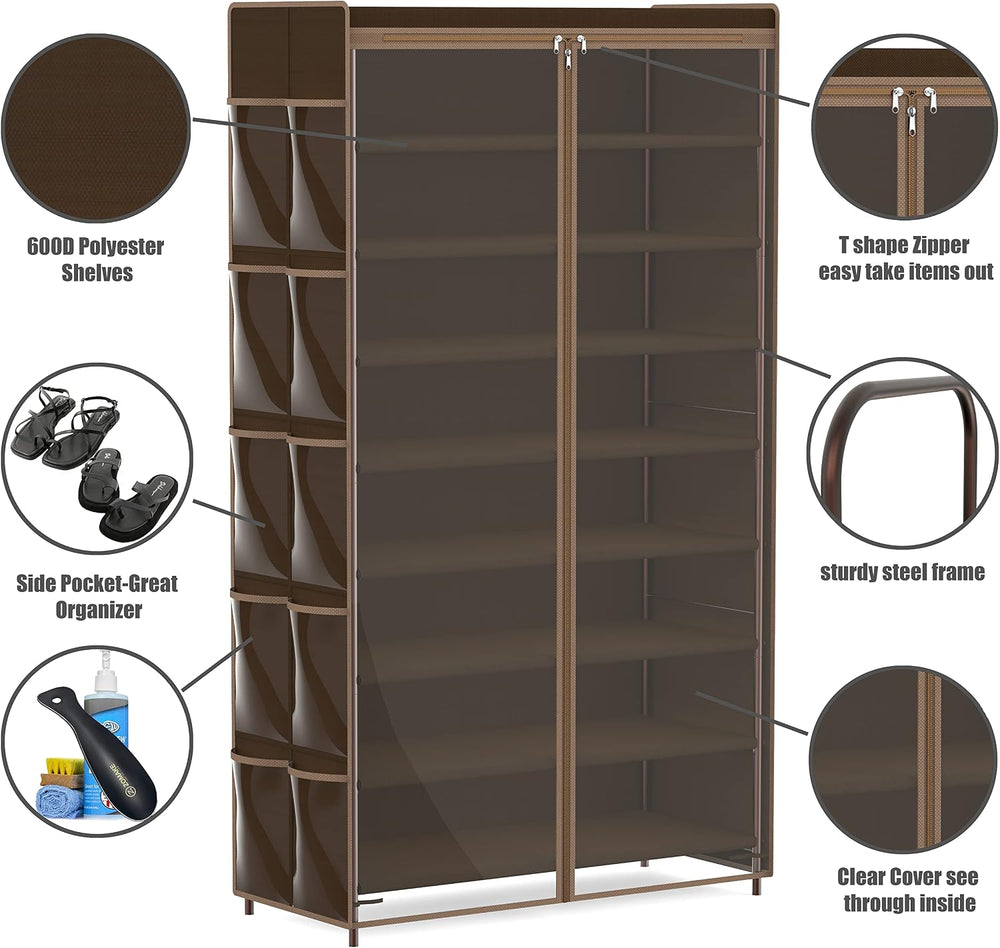 Simple Houseware 8 Tiers Shoe Rack w/Zipper Cover & Hanging Pockets, Brown