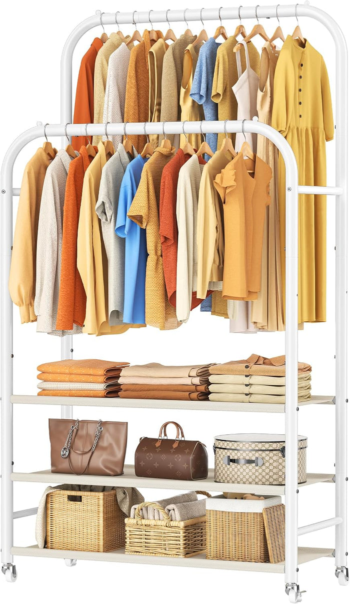HOMIDEC Clothes Rack,Double Rods Clothing Rack with 3 Tier Shelve&Wheels