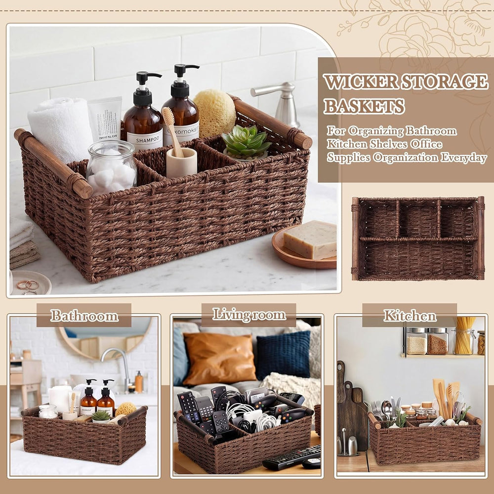 Remerry Brown Bathroom Countertop Organizer Caddy, Wicker-like Divided Basket...