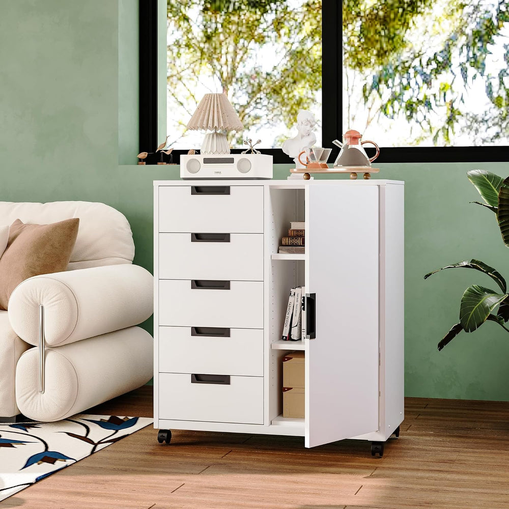 MIIIKO 5 Drawer Storage Cabinet with Door and Shelf, Mobile Lateral Cabinet o...