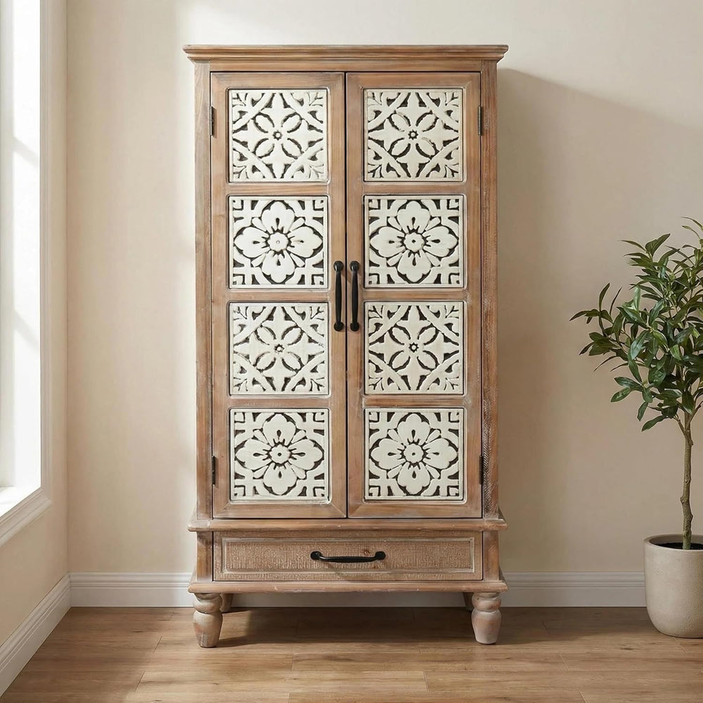 LKTART 55" Tall Carved Accent Cabinet,Solid Wood Sideboards Buffet Cabinet