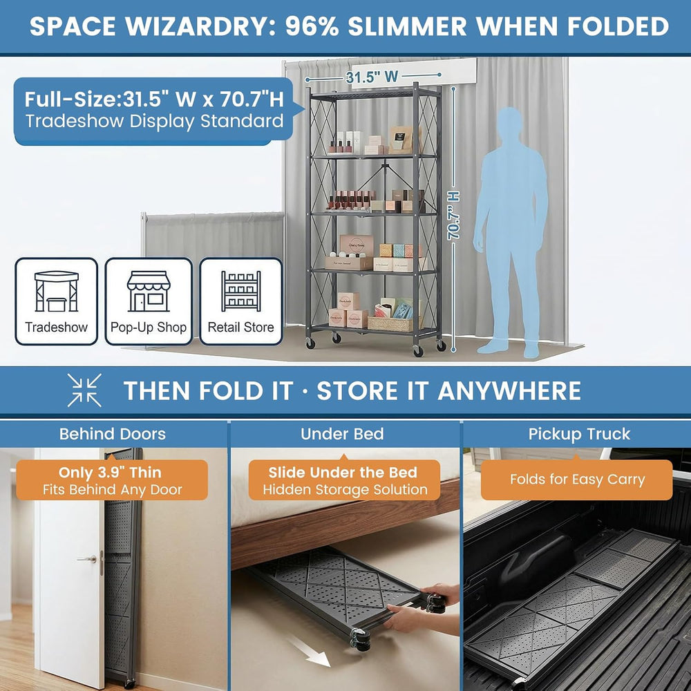 ALANNG 70.7" H Metal Storage Shelves, 5 Tier Folding Shelf on Wheels