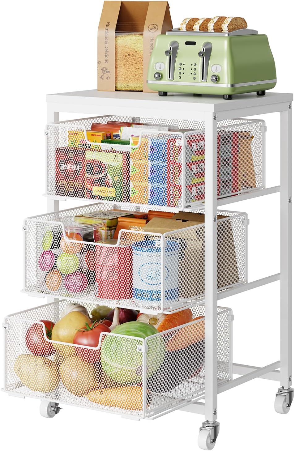 Kitchen Cart with Storage, 3-Tier Pantry Organizer and Storage Cart with Draw...