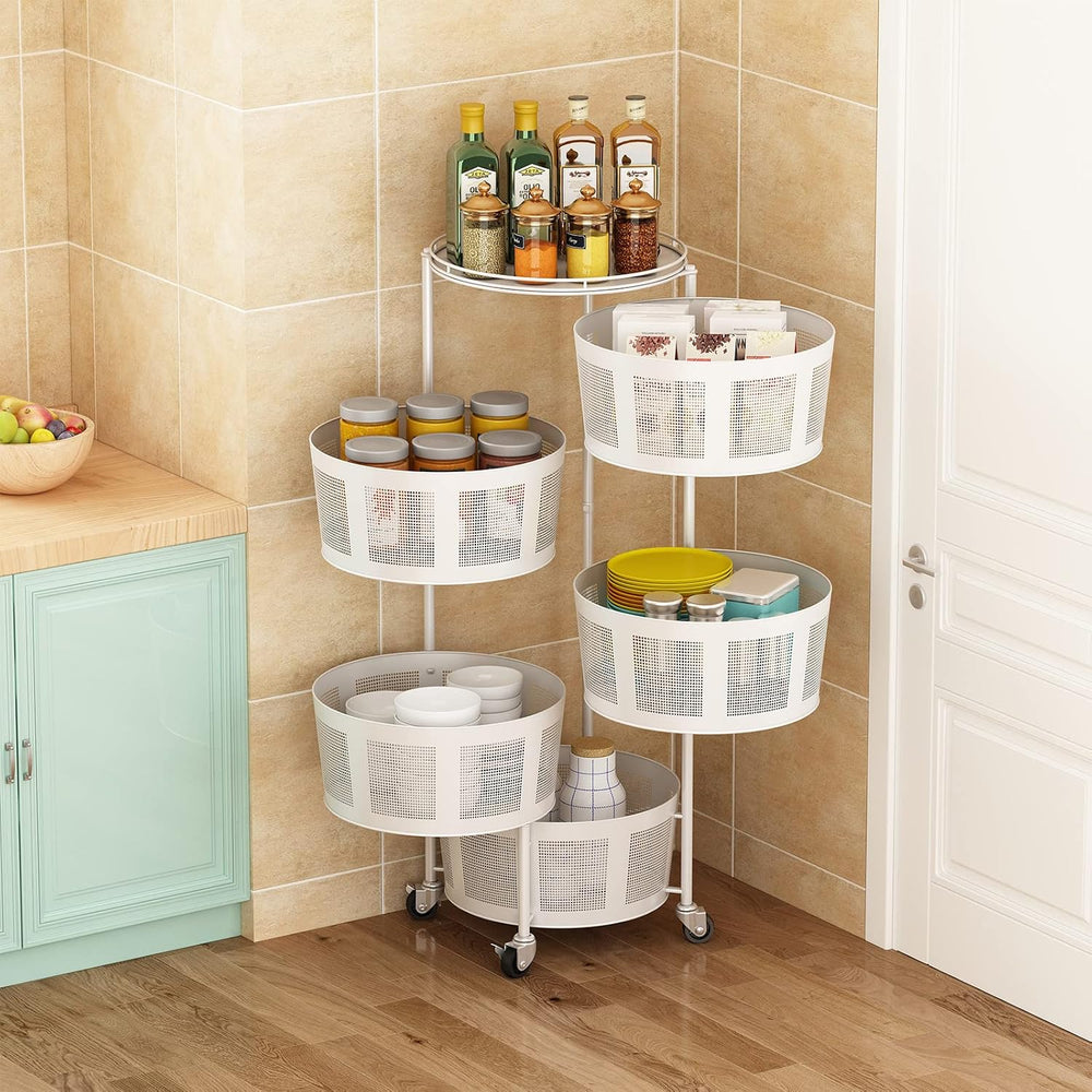 LIBOOI 5 Tier Rotating Storage Rack with Metal Shelves, Kitchen Basket, Food ...