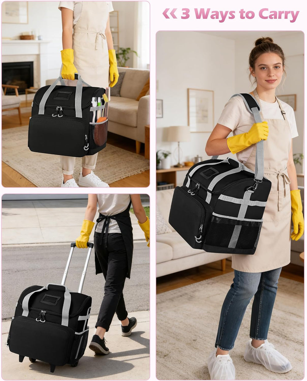 Marscamd Large Rolling Cleaning Caddy Bag with Detachable Trolley, Black