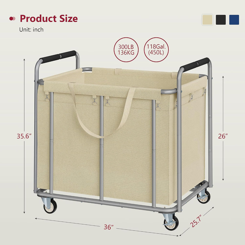 Tajsoon Large Laundry Cart with Wheels 450L, Large Laundry Basket, Kahki