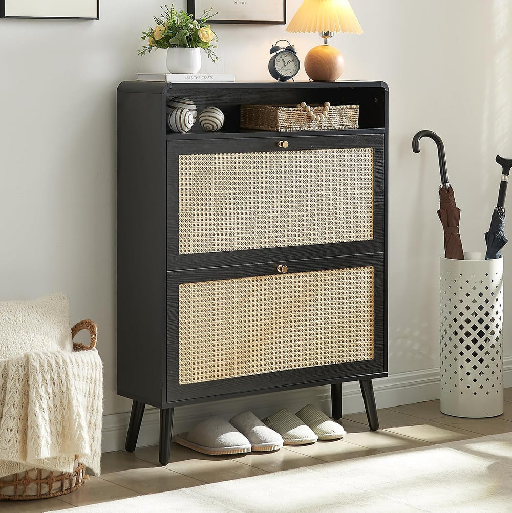 Hommoo Rattan Shoe Storage Cabinet Set of 2 with 2 Flip Doors, Wood Narrow Sh...