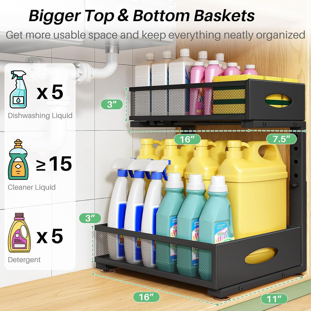 Under Sink Organizer, 1-Pack Pull Out Cabinet Organizer 2 Tier Metal Slide Ou...