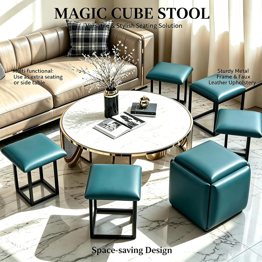5 in 1 Nesting Ottoman Cube Chair, Stackable Stools, Leather Square Ottoman B...