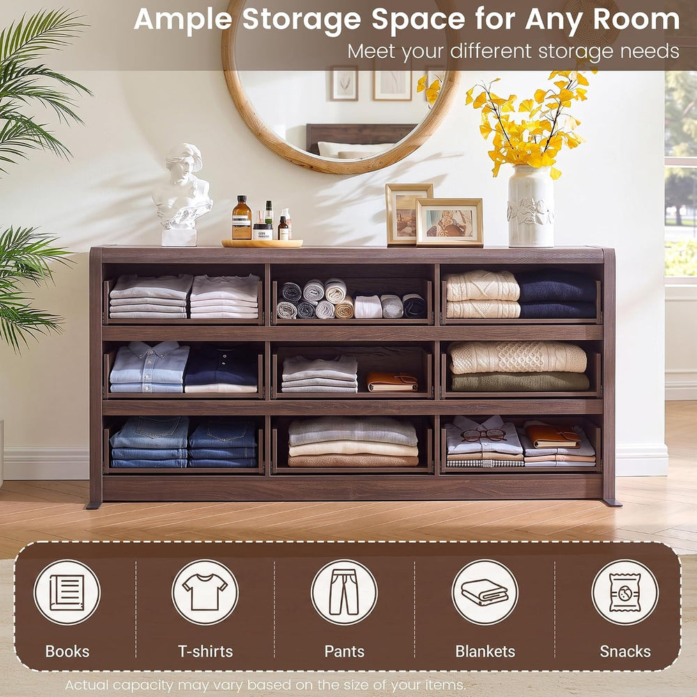 63” Wide Dresser for Bedroom, 9 Drawer Dresser, Walnut Dresser, Rounded Corne...