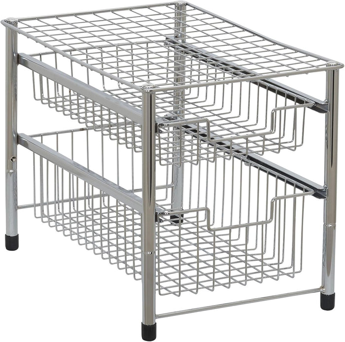 Household Essentials Free Standing Two Basket Sliding Cabinet Organizer with Metal Frame, Silver Finish