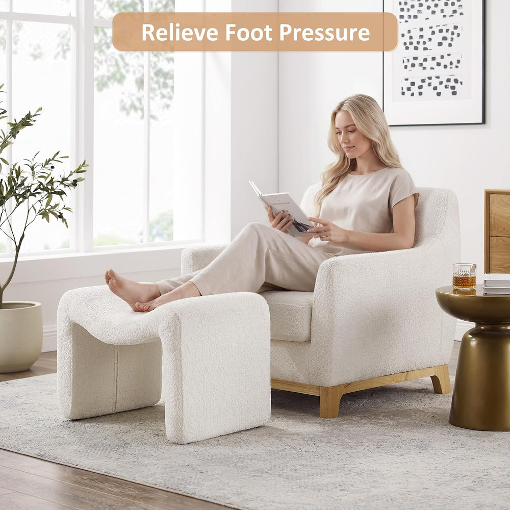 Modern Boucle Ottoman, Vanity Stool Chair, Foot Stool with Wooden Legs Sofa B...