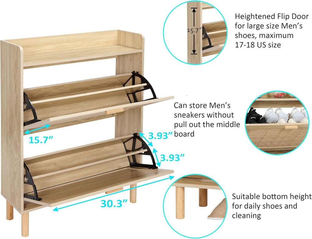 Finnhomy Extended Edition Shoe Cabinet with Natural Rattan Flip Drawers for E...