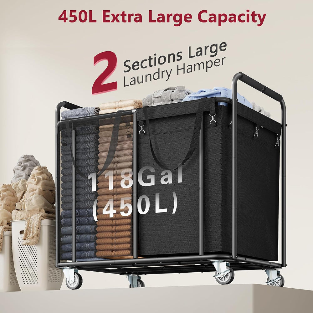 Tajsoon 2-Section Heavy Duty Laundry Sorter Cart with Wheels 450L, Black