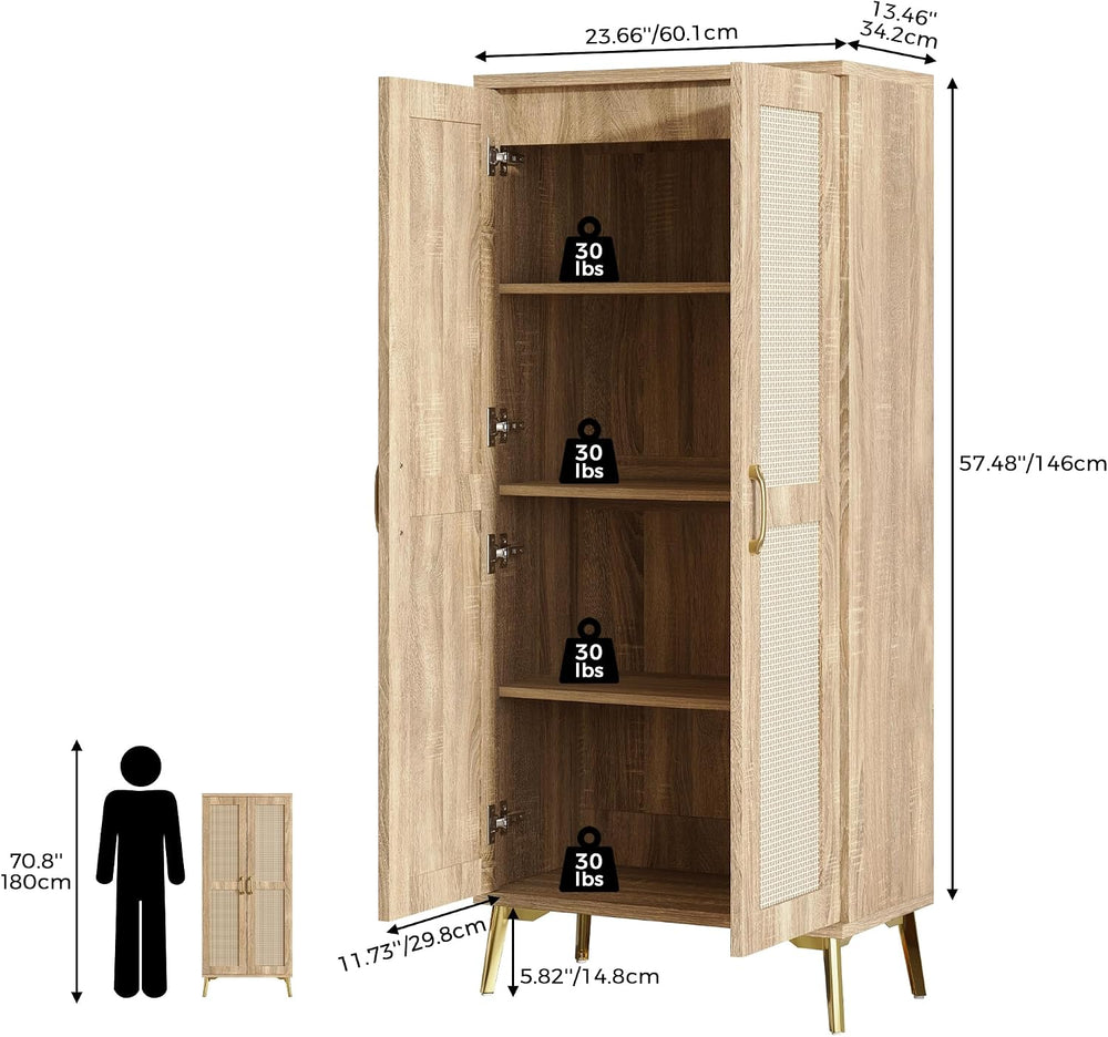 JASIWAY Tall Bathroom Storage Cabinet 57" Rattan Pantry Cabinet, Wood