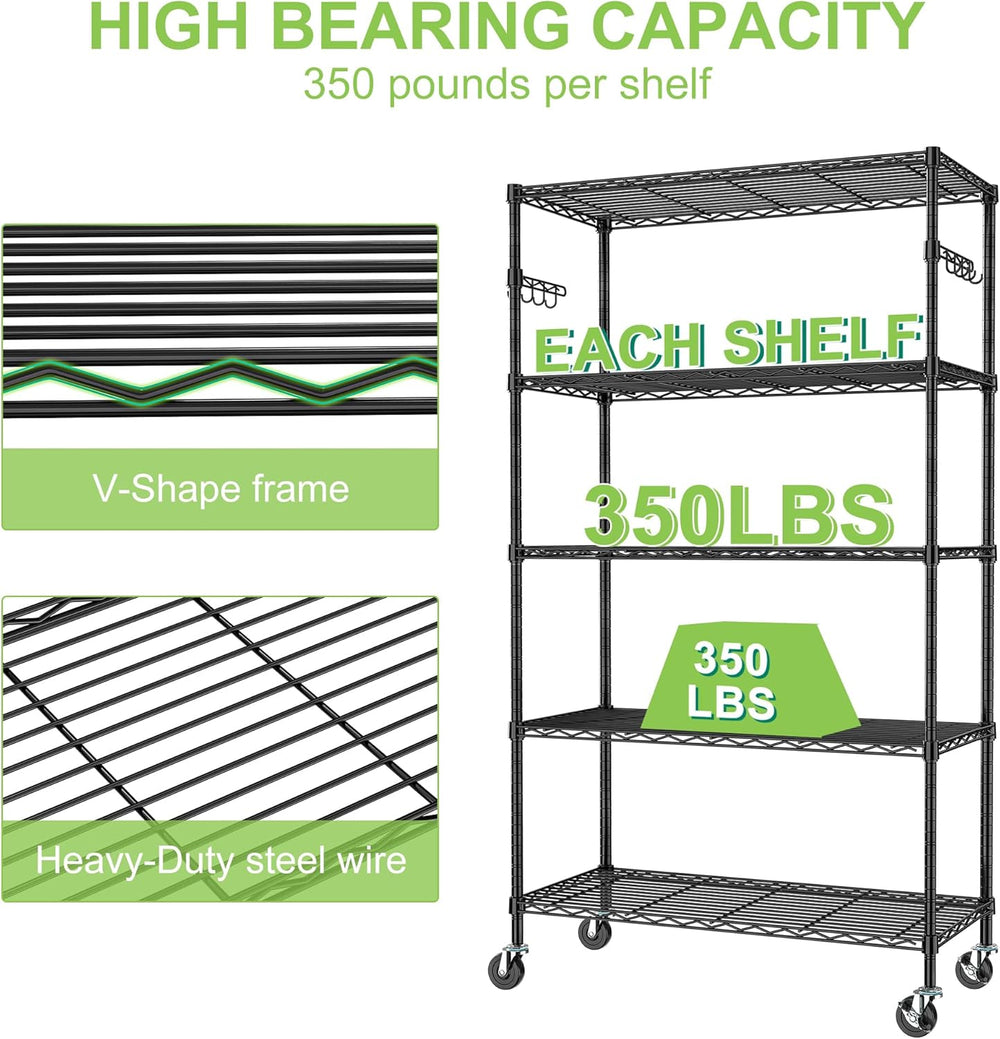 5 Tier Wire Metal Shelving Rack Garage Storage Rolling Shelves with Wheels