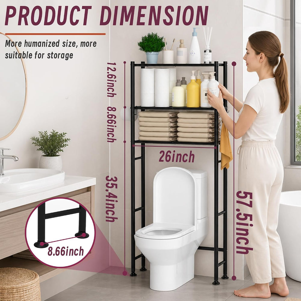 3-Tier Over The Toilet Storage Cabinet with Paper Holder and 4 Hooks, Metal O...