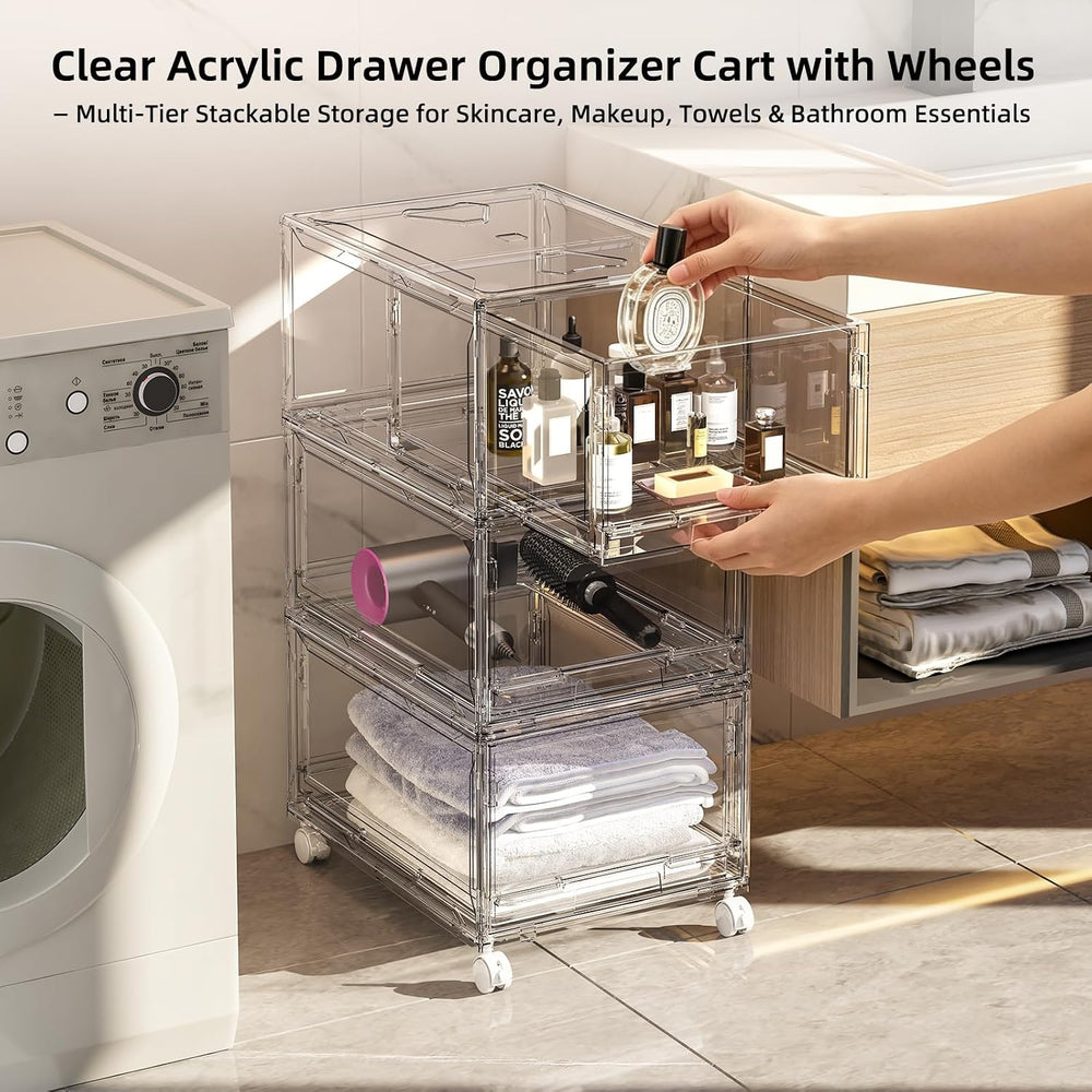 Large Clear Storage 3 Drawer Organizer with Wheels for Closet