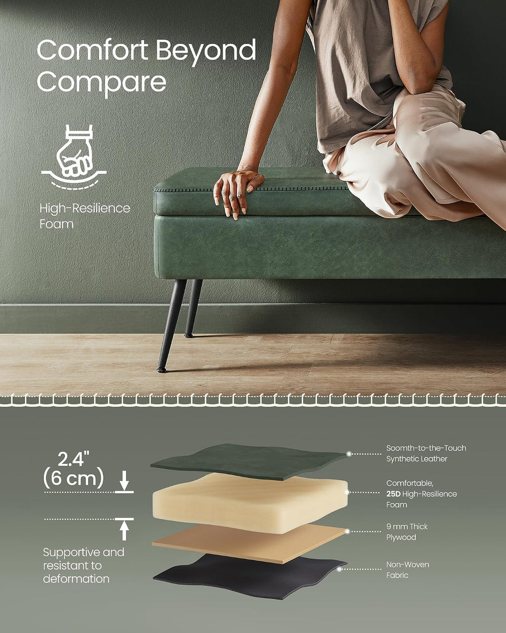 VASAGLE Storage Ottoman Bench, PU Leather, Steel Legs