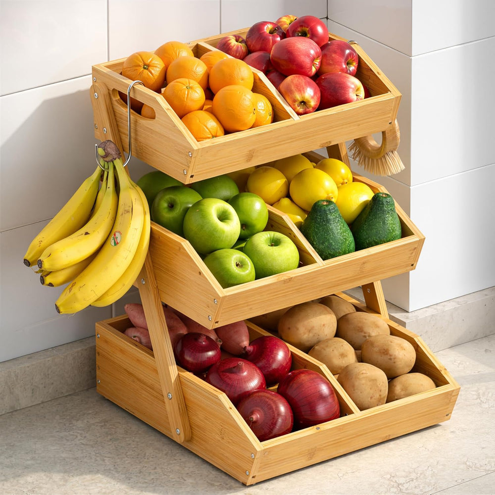 3-Tier Bamboo Fruit Basket with 2 Banana Holders