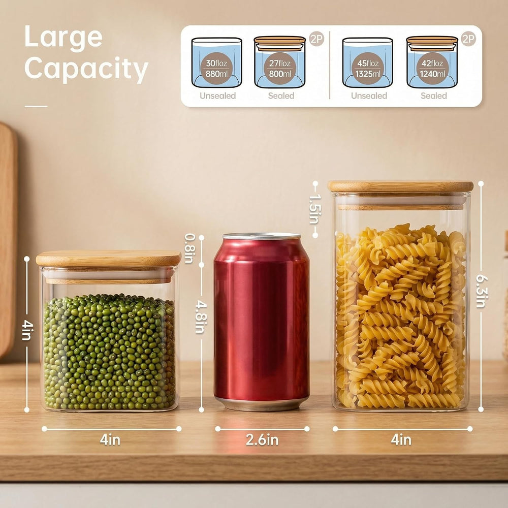 42 oz & 27 oz Square Glass Food Storage Containers with Bamboo Lids, 4 Pack