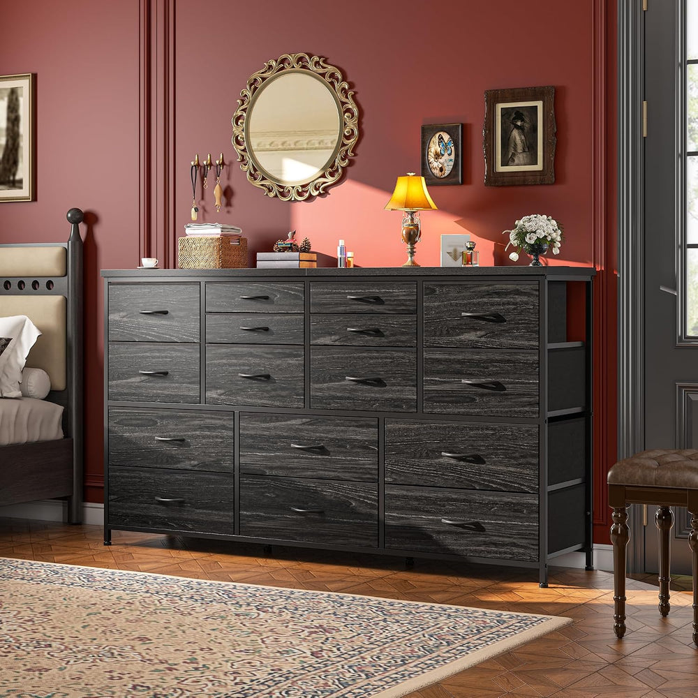 Romorgniz Long Dresser with 16 Fabric Drawers, TV Stand & Charging Station