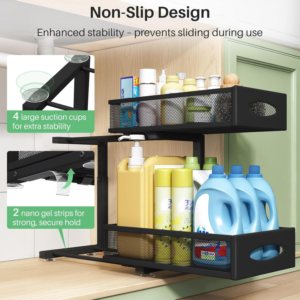 Under Sink Organizer, 2 Pack 2 Tier Pull out Cabinet Organizer Baskets with M...