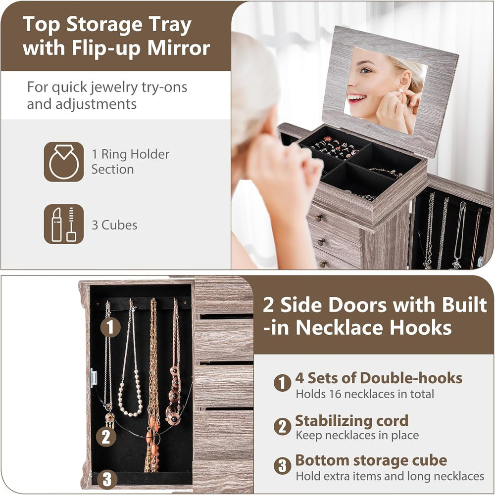 GIANTEX Standing Jewelry Cabinet, Flip Top Mirror, 5 Drawers & Swing Doors