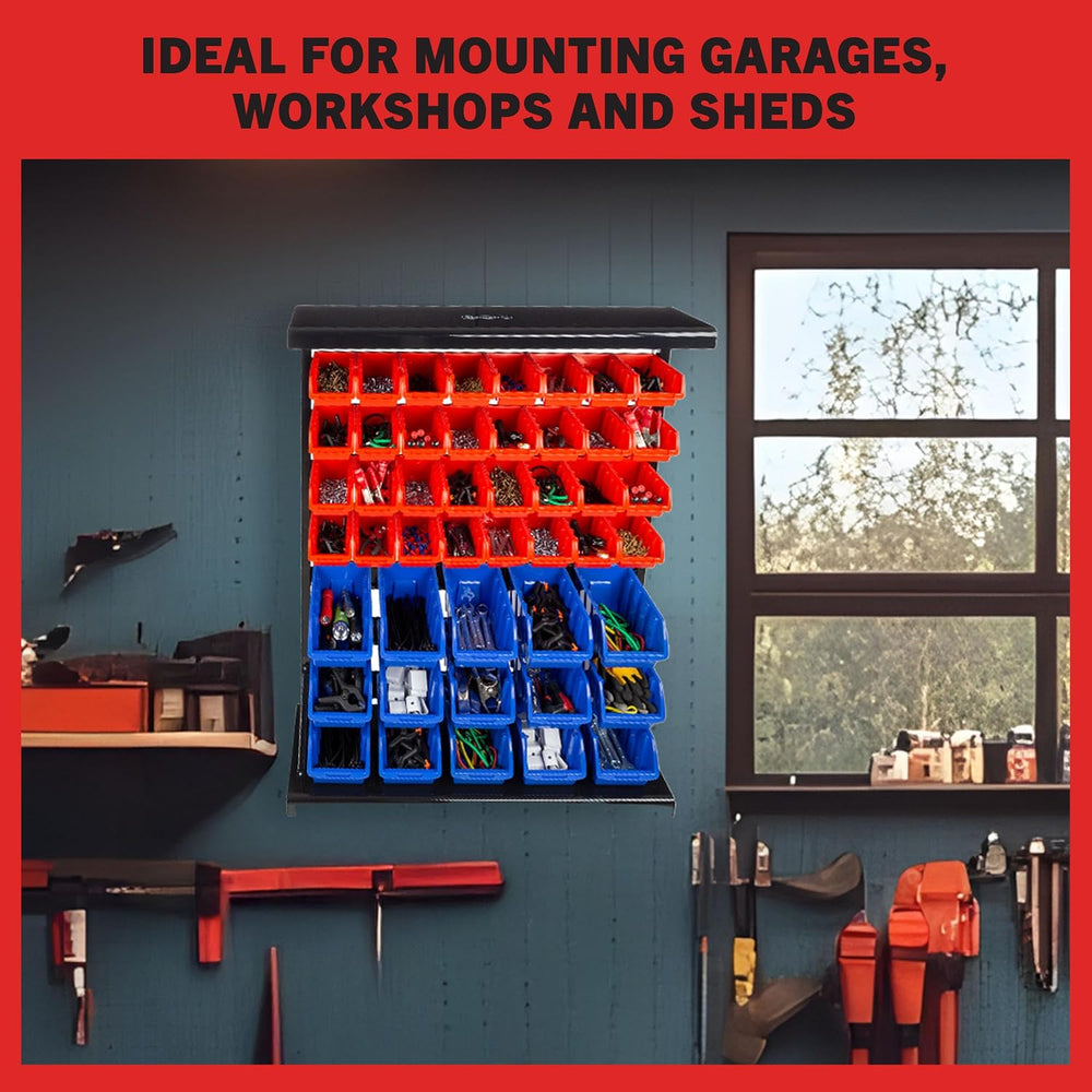 47-Bin Garage Organization Rack (15 Large, 32 Small) - Tabletop or Wall Mount...