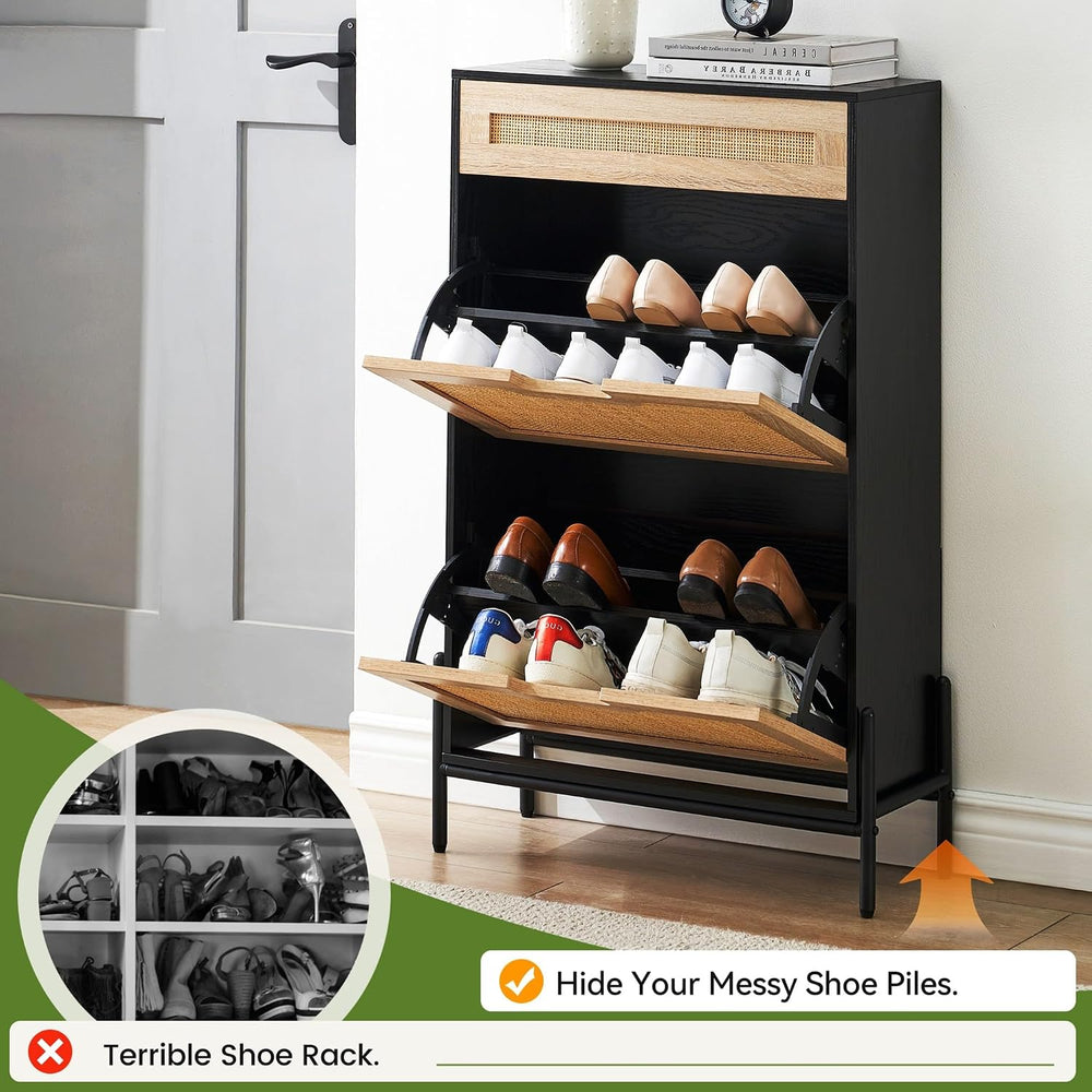 GAOMON Natural Rattan 2 Flip Door with 1 Drawer Shoe Rack Storage Cabinet, Sh...