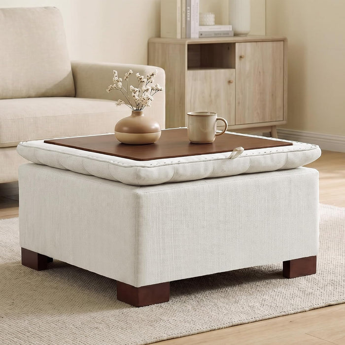 24 Inch Square Storage Ottoman Coffee Table, Modern Tufted Upholstered Ottoman with Flip Tray and Solid Wood Legs, Suitable for Living Rooms, Linen Beige