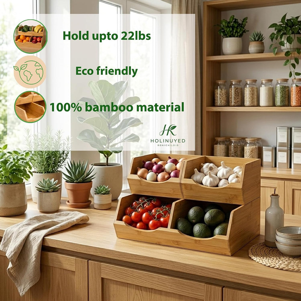 Bamboo Pantry Storage Bins Set of 3, Stackable Potato and Onion Storage Bin, ...