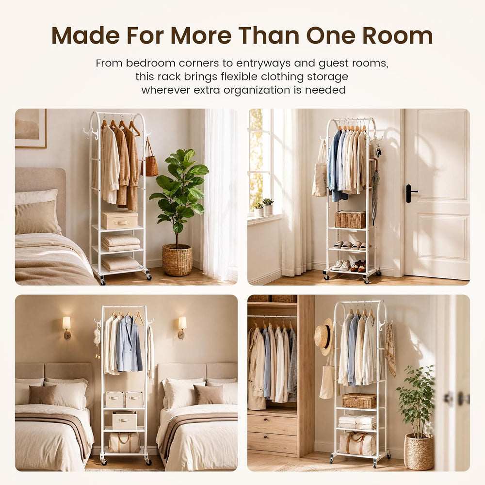 Cesun Small Clothes Rack with 3-Tier Mesh Shelves & 8 Hooks, White