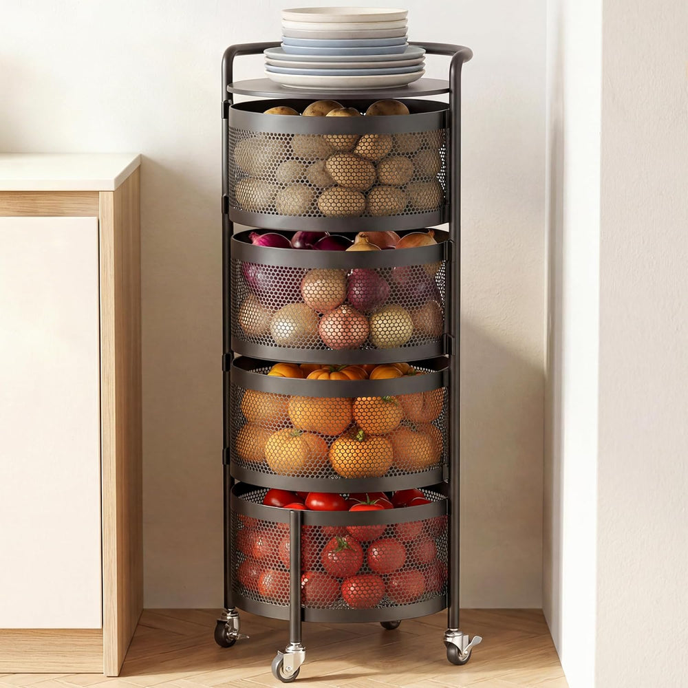 JAQ No Assembly Rotating Kitchen Storage Rack, 4-Tier Metal Basket Organizer ...