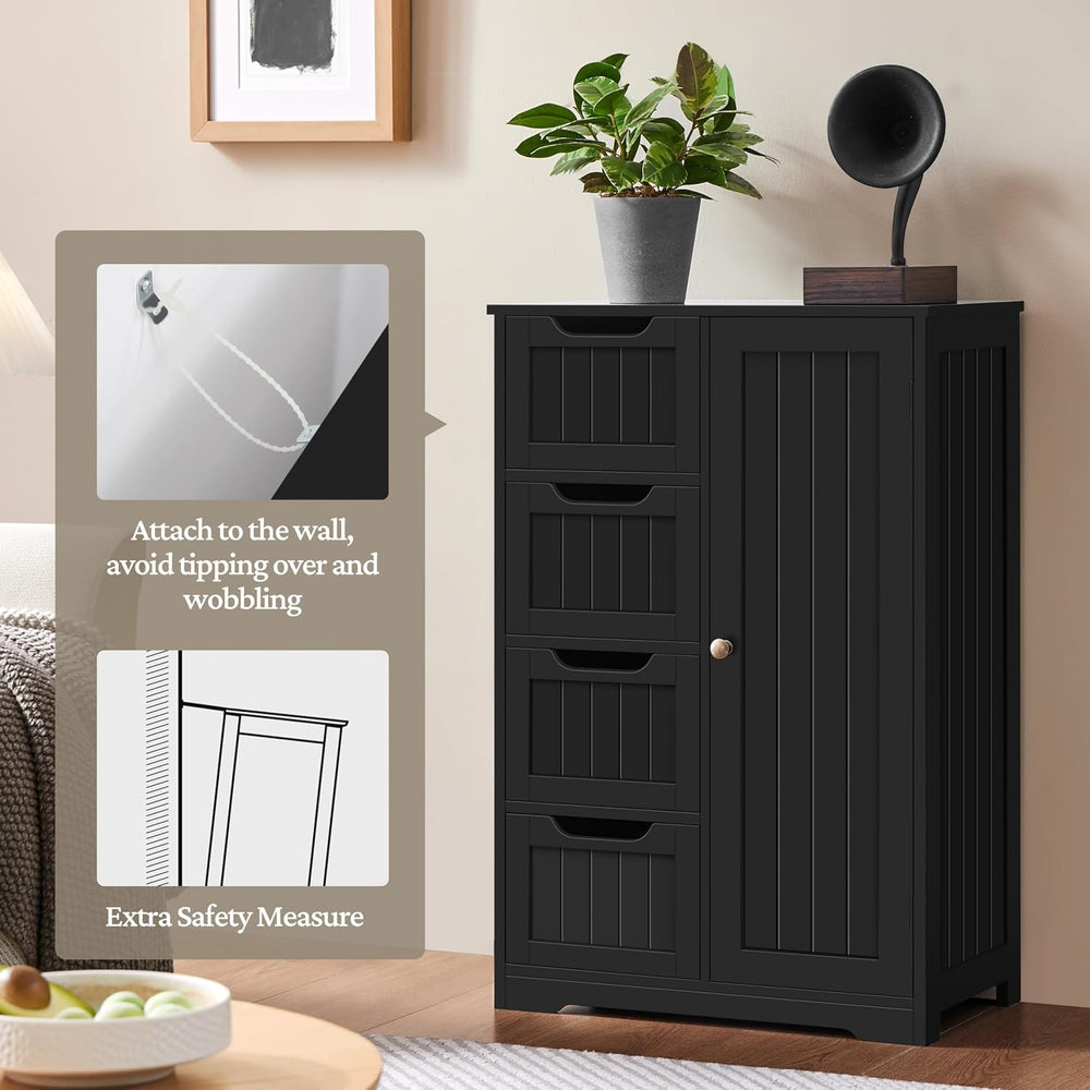 Yaheetech Small Bathroom Storage Cabinet with 4 Drawers & Door, Black