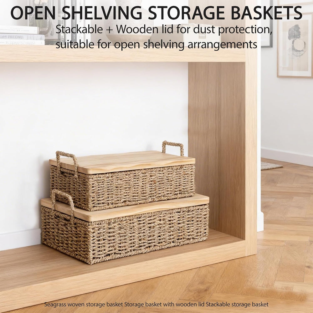 Woven Seagrass Wicker Storage Basket Set of 2 with Wooden Lids