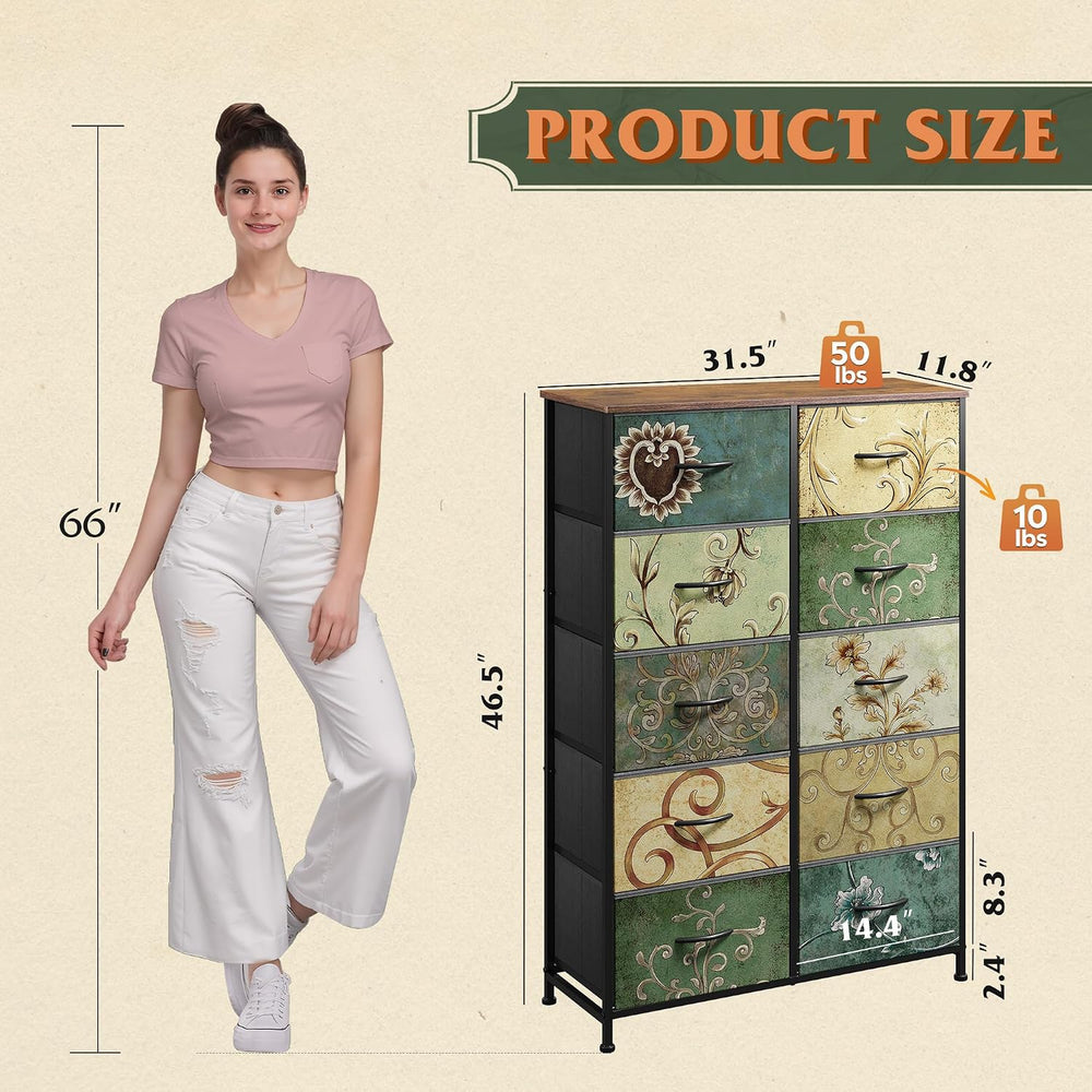 WLIVE Tall Dresser for Bedroom with 10 Fabric Drawers, Floral Painted
