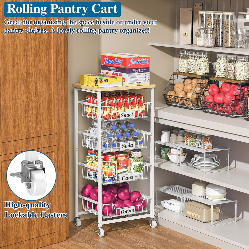 5-Tier Kitchen Storage Cart with 4 Upgraded Drawer Basket & Wood Top
