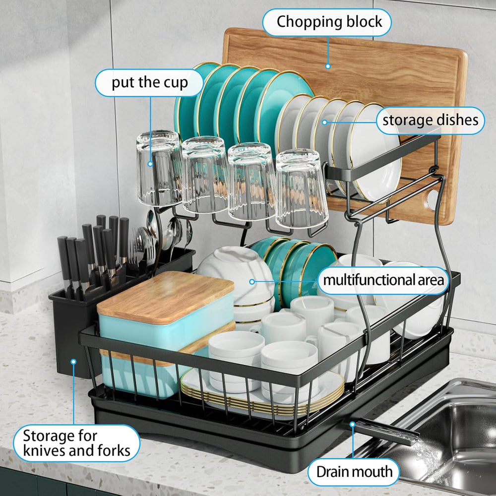 7 code 2-Tier Large Dish Drying Rack for Kitchen Counter, Black