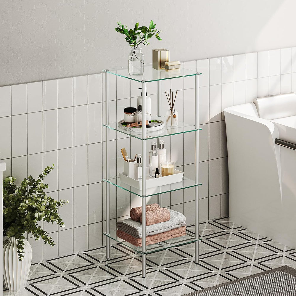 HOOBRO Glass Shelf, 4 Tier Bathroom Standing Shelf Unit, Tempered Glass Shelv...