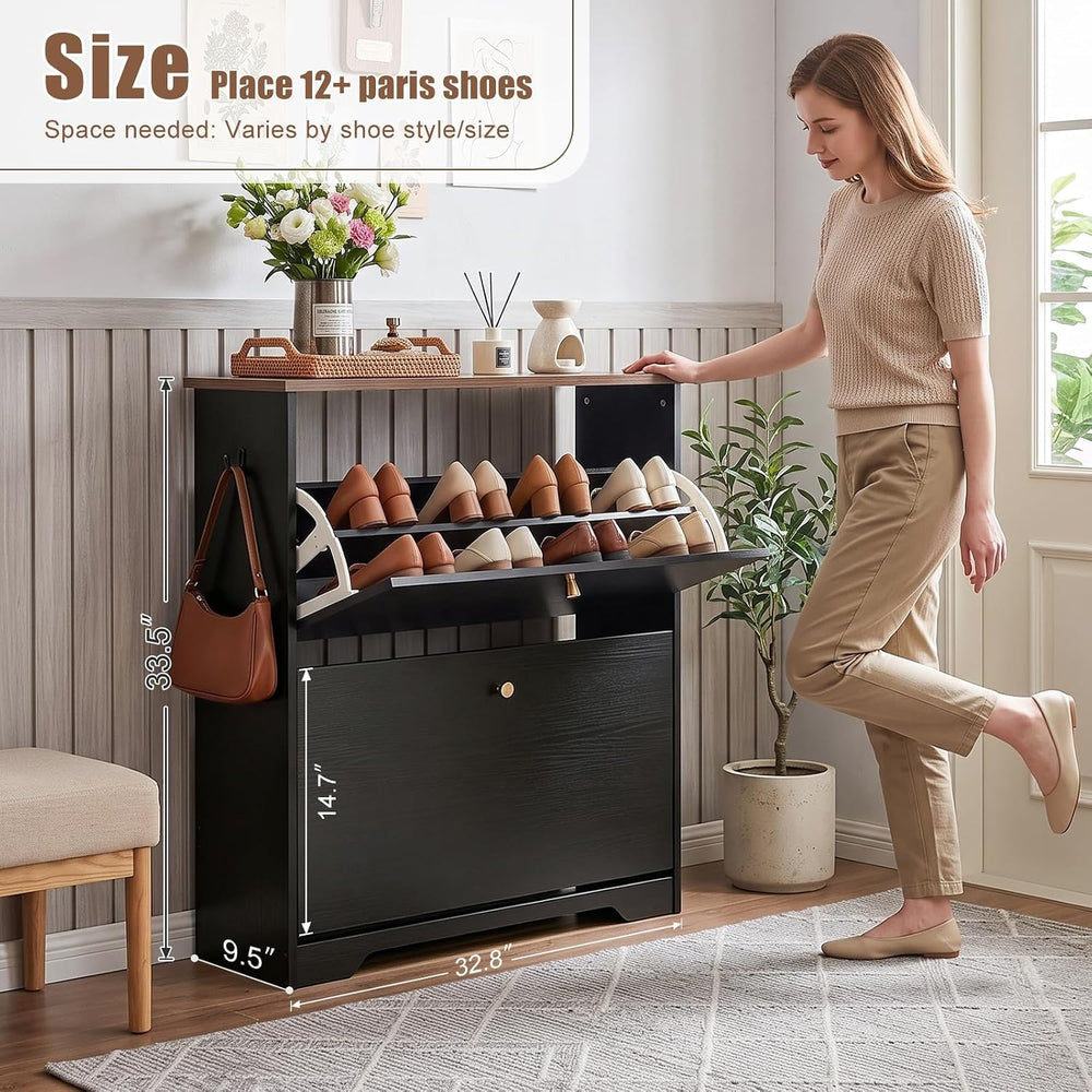 Nicetree Shoe Cabinet, 2 Flip Drawers Slim Black Walnut Top Entry Storage