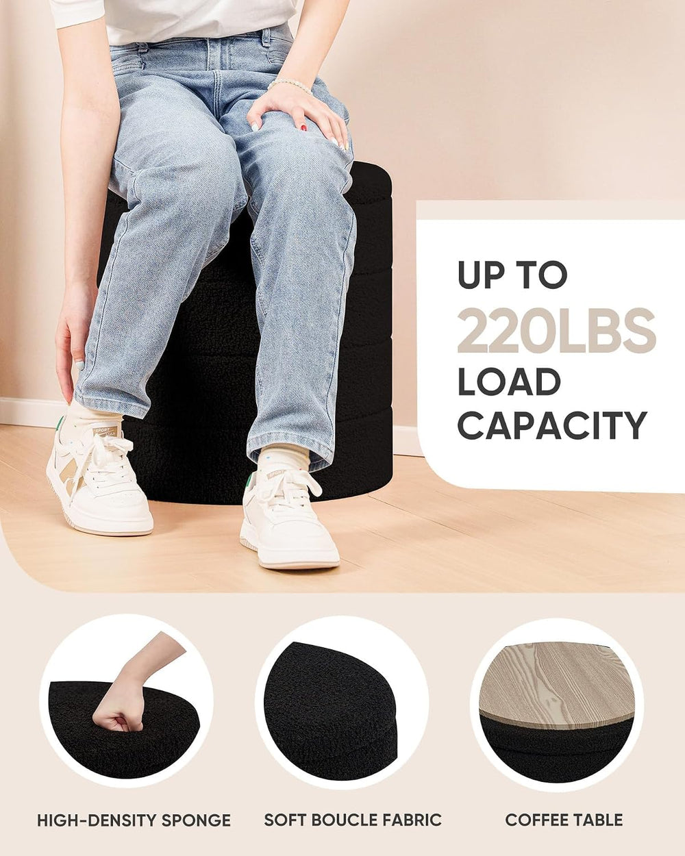 B FSOBEIIALEO Folding Storage Ottoman, Round Sherpa Ottomans, Black