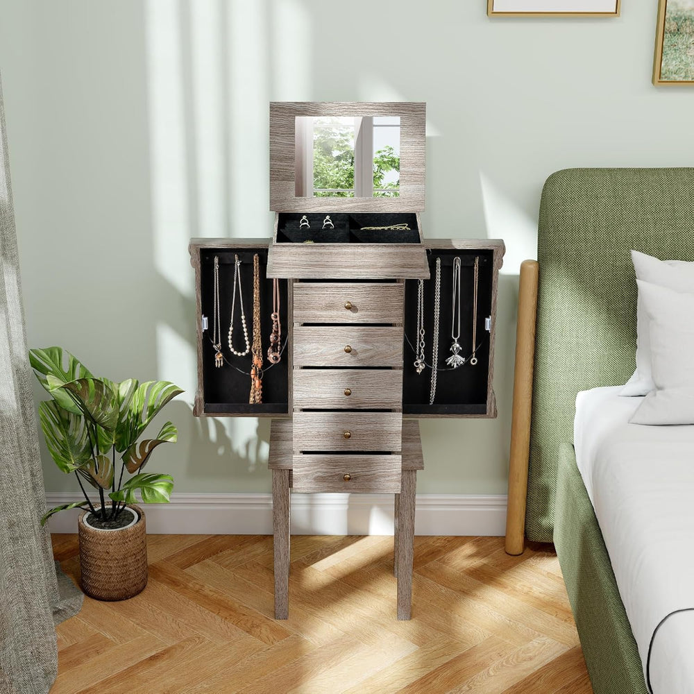 GIANTEX Standing Jewelry Cabinet, Flip Top Mirror, 5 Drawers & Swing Doors