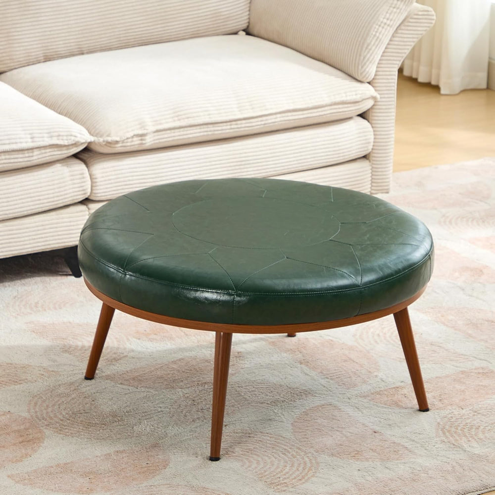 Round Ottoman, Large Faux Leather Footstool and Coffee Table, Cushioned Backl...
