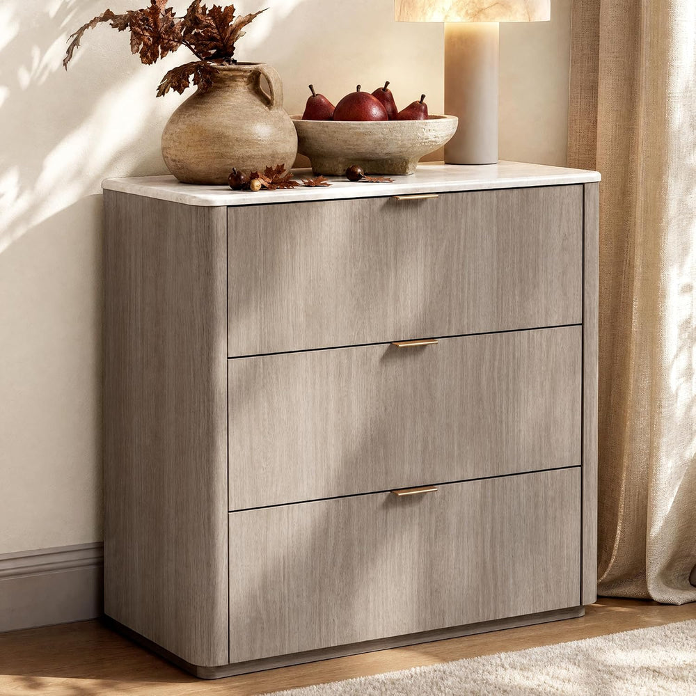 ModernMate 3 Drawer Dresser with Curved Profile & Faux Travertine Texture...