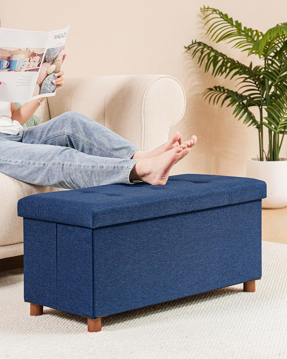 B FSOBEIIALEO 30" Folding Storage Ottoman with Tray, Wood Legs, Linen Blue